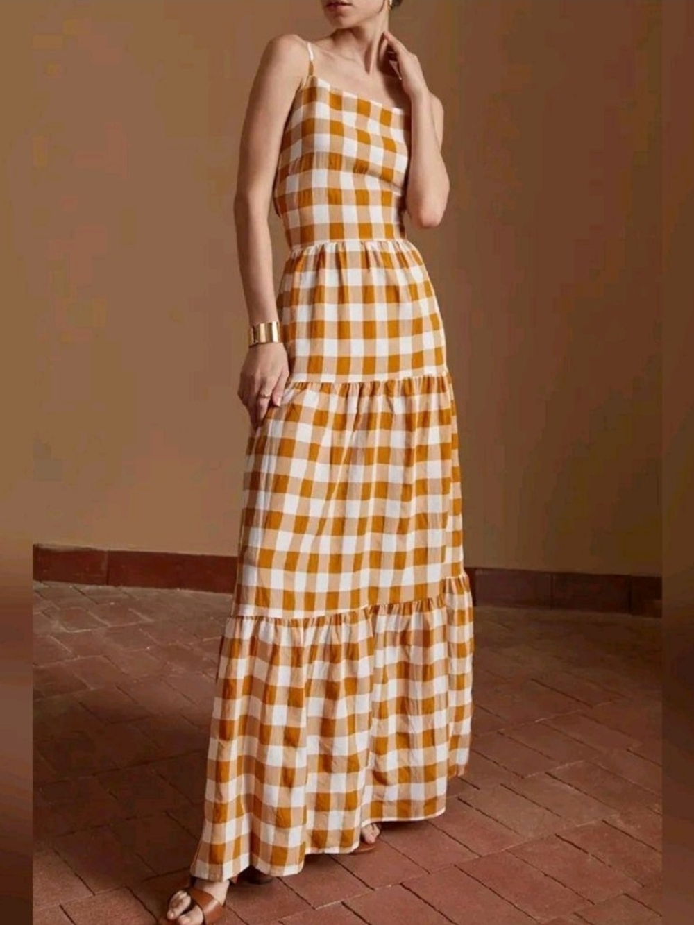 Mustard Gingham Tiered Maxi Dress - Women's Summer Dress